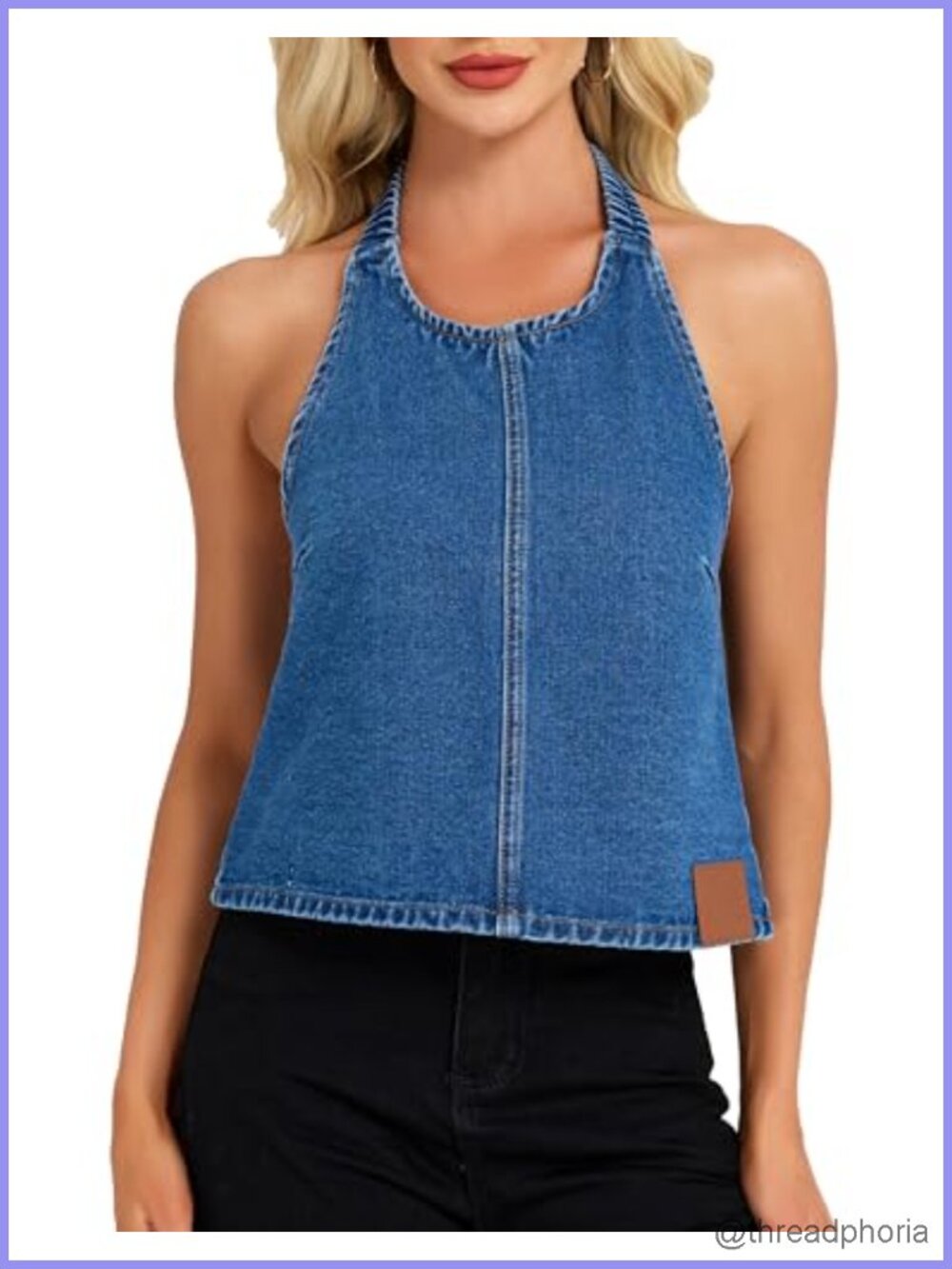 Cropped Denim Halter Top Open Back Sleeveless Vest with PU Leather Belt